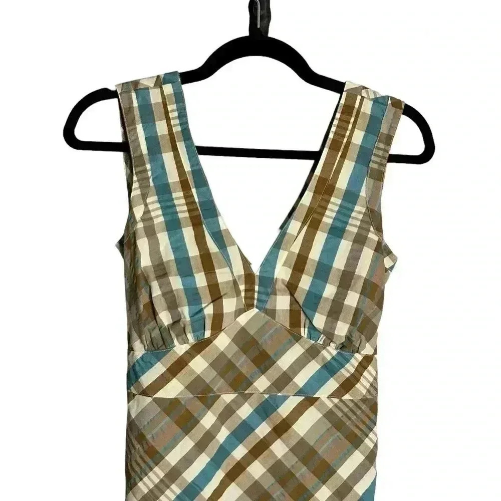 Patagonia Water Girl Brown Blue Tartan Plaid Sleeveless Mini Sun Dress Size XS - Picture 2 of 5